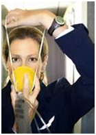 Stewardess demonstrating how to use oxygen mask