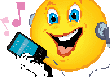 11mar-smile A smiling emoji wearing headphones and holding a music player.