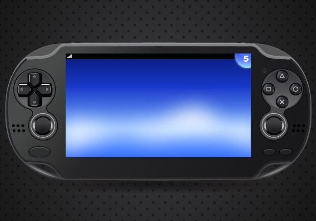 A handheld gaming console with a blue screen.