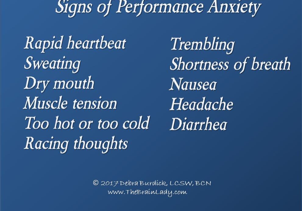 A list of common signs of performance anxiety on a blue background.